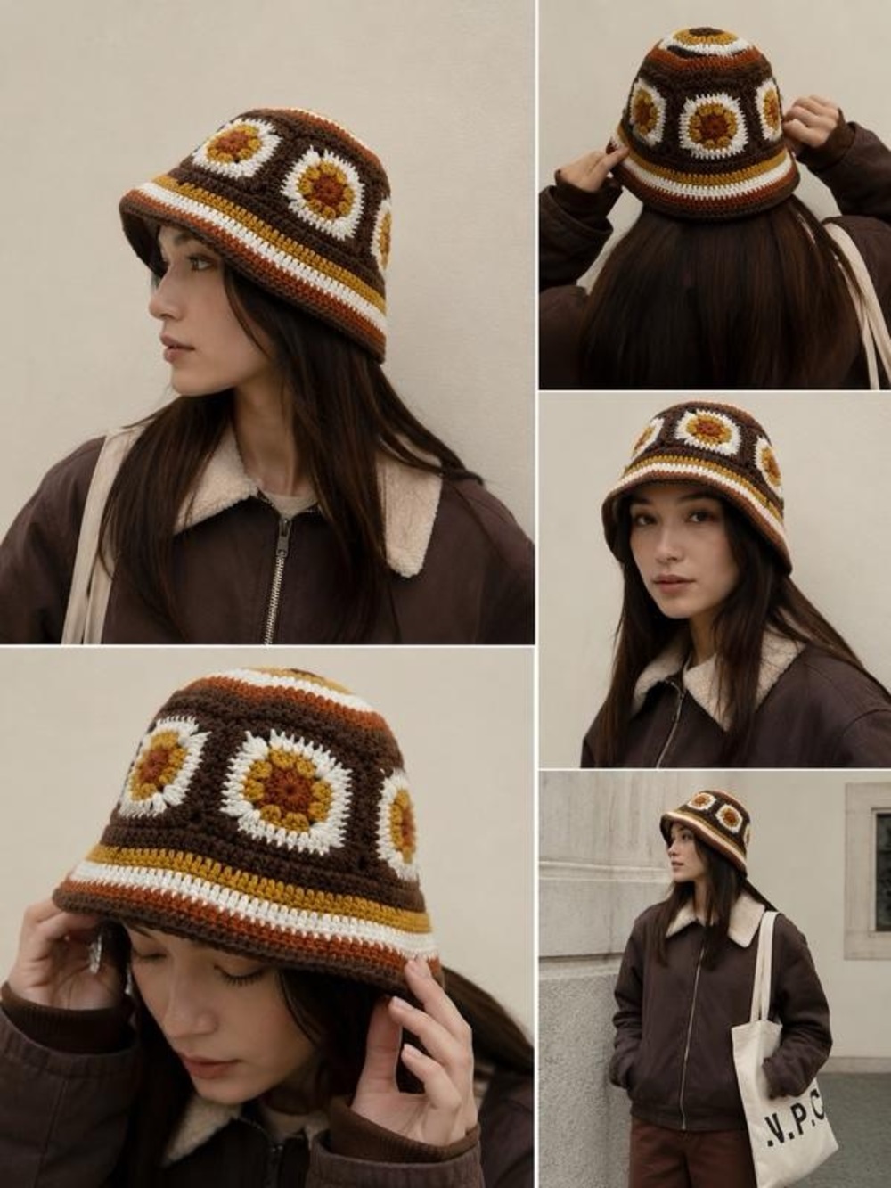 Zara Crochet Knit Flower Bucket Hat - Brown/Yellow/White